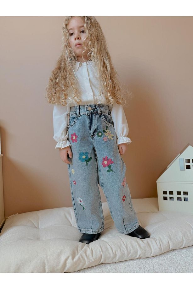 Yigit Butik Çiçek İşlemeli Kız Çocuk Denim Pantolon - 5