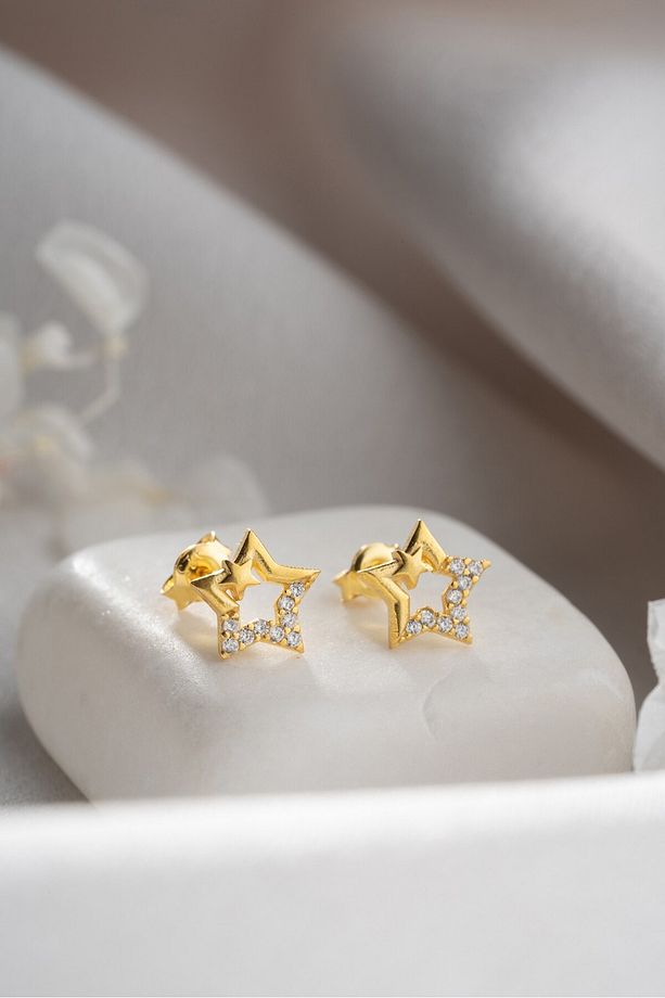 925 Ayar Gümüş Gold Çift Yıldız Minimal Küpe - 4
