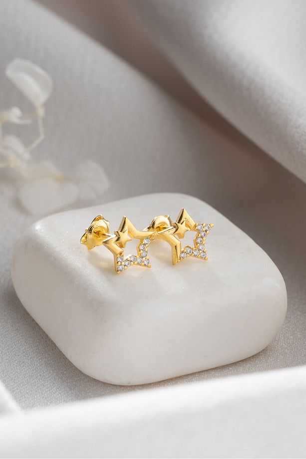 925 Ayar Gümüş Gold Çift Yıldız Minimal Küpe - 5