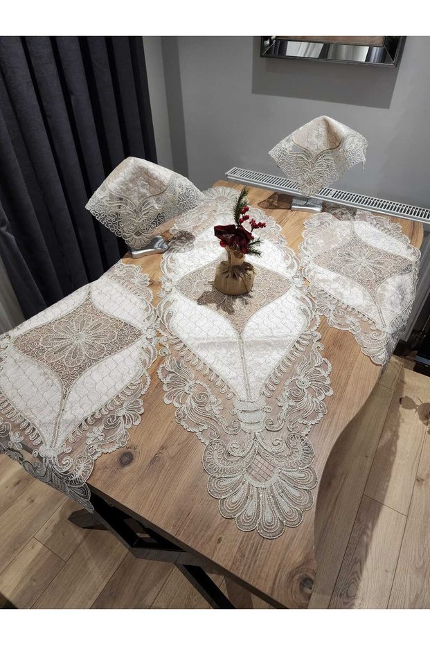 Home Textile Living Room Set Luxury Set of 5 Beige[Milk Coffee] Runner-135X43 Shomen-92X40 Napkin-40X40