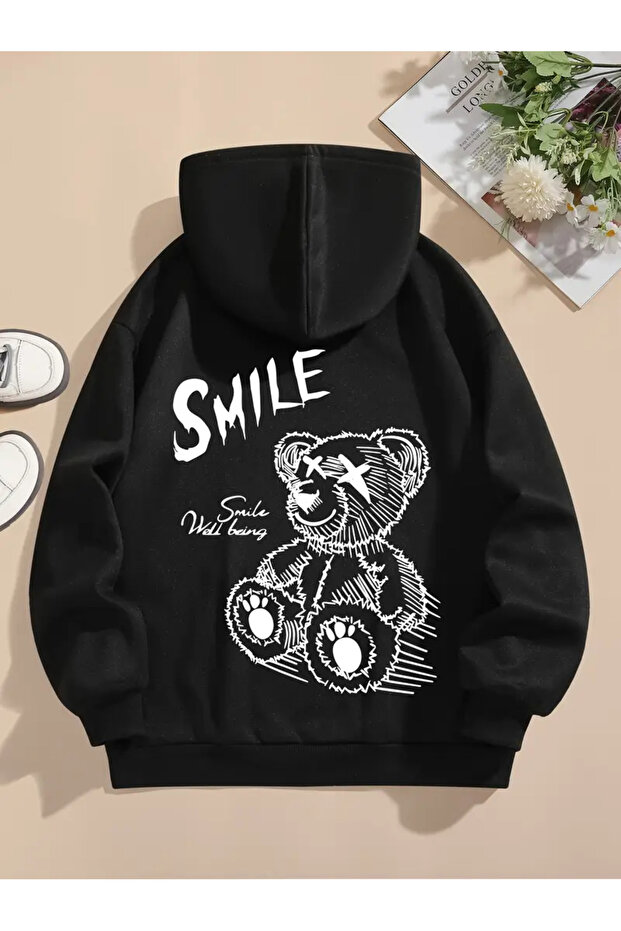 سويت شيرت أسود بطبعة SMILE بقلنسوة كبير الحجم للجنسين سميك للشتاء