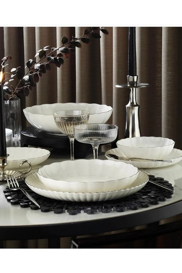 Bone Luz 2 adet 20 cm Platin Yaldız (Gümüş) Yemek Tabağı Çukur Tabak (2 adet Yemek Tabağı) - 1