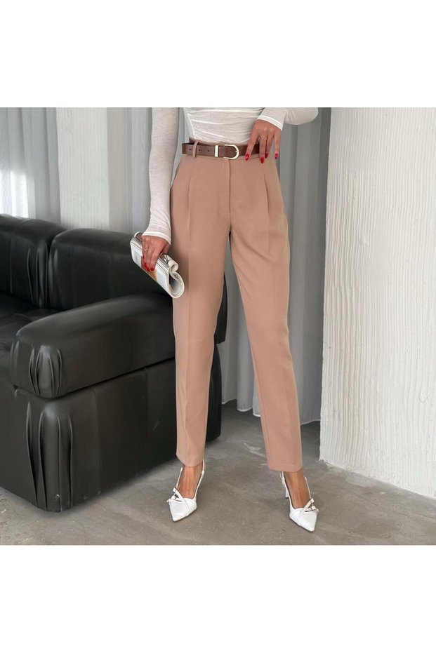 Pleated Fabric Trousers with Belt Detail