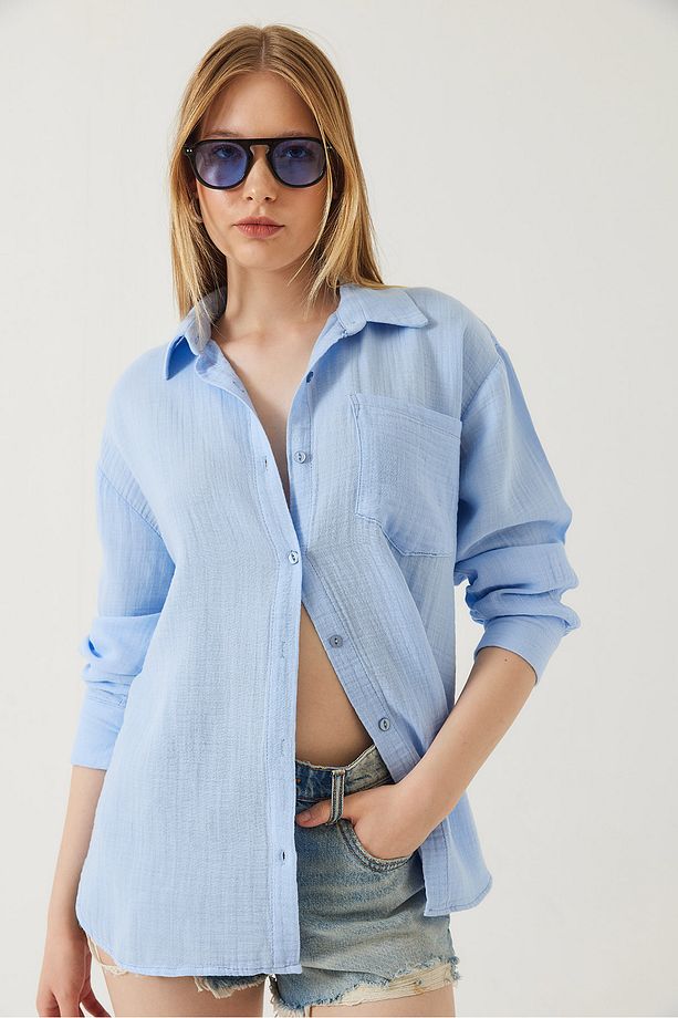Kadın Tek Cepli Oversize Muslin Gömlek 2026 60271020 - 6
