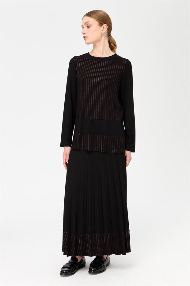 Glitter Patterned Pleated Skirt Set Black
