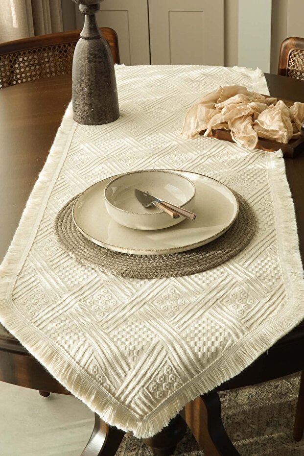Fringed Runner Natural Cotton Traditional Buldan Woven 40*140 cm