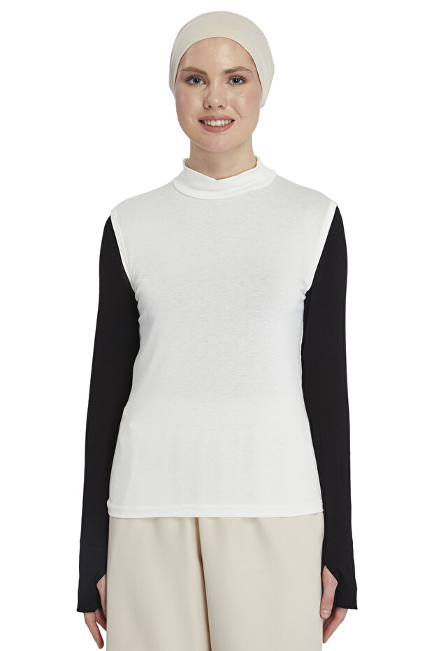 Organic Sleeveless Turtleneck Lycra Women's Zero Sleeve Bodysuit - Ecru