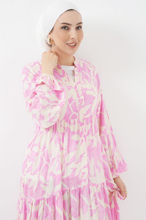 2423 Otantik Desenli Elbise - Y.Pembe - 4