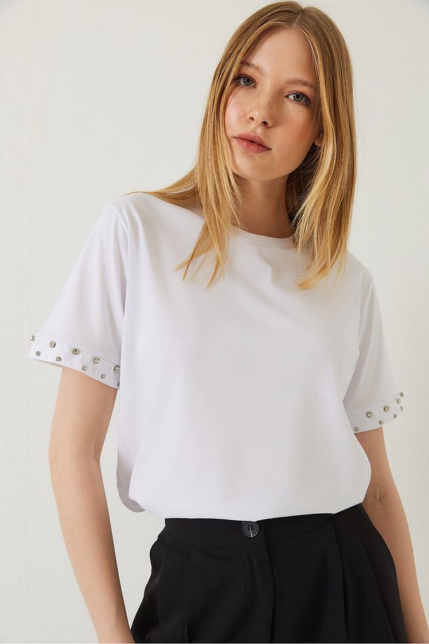Kadın Kolları Taş İşlemeli Tshirt 60602002 - 4