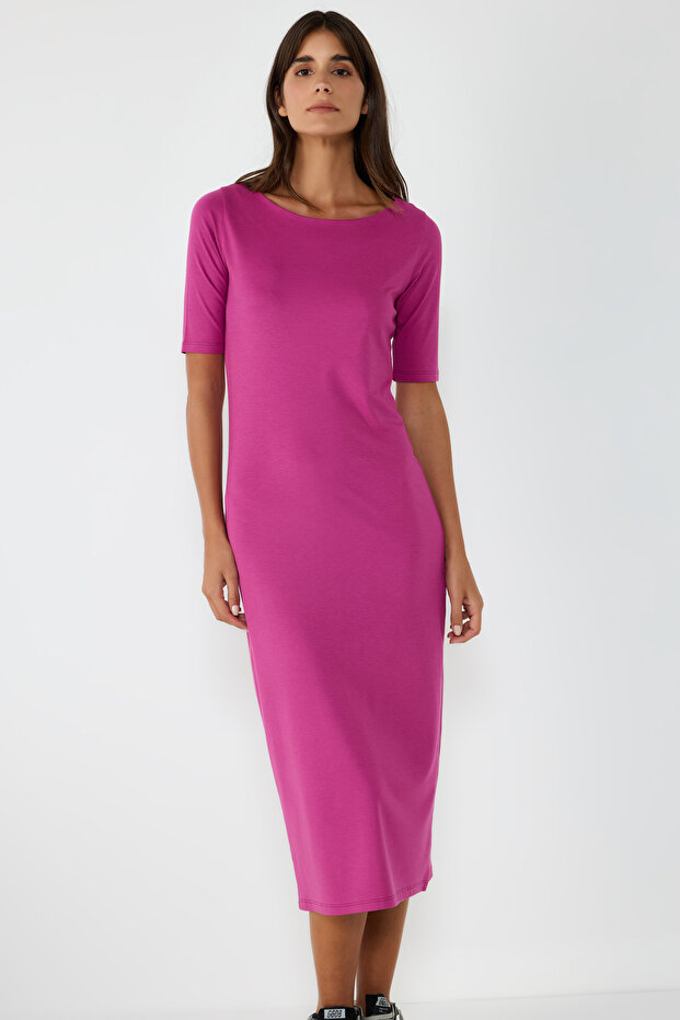 Half Sleeve Slit Basic Dress - 3