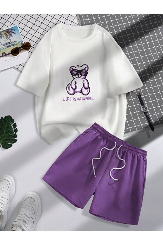 Children's Teddy Bear Printed T-Shirt and Shorts Top and Bottom Set