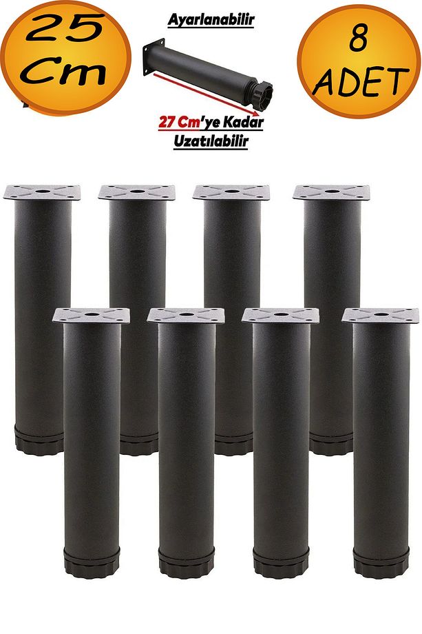 Hobit Ayarlanabilir Mobilya KanepeKoltuk Metal Destek Ayağı 25 Cm Siyah Yükseltici Ayakları (8 ADET) - 1