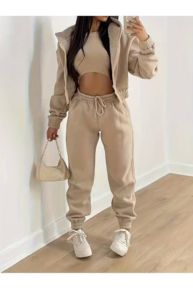 Women's Good Vibes Printed Oversized 3-Yarn Cardigan Tracksuit Set