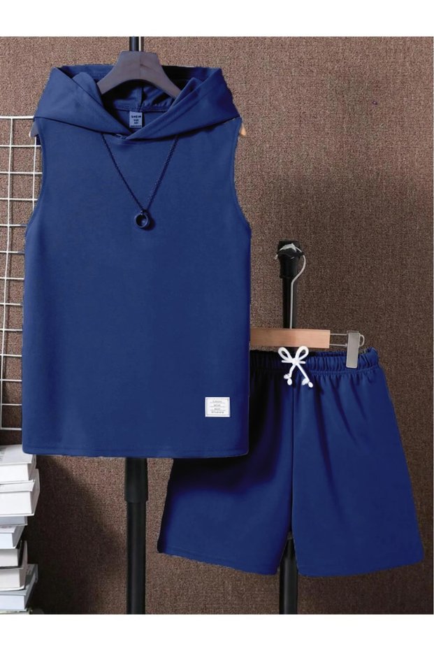 Children's Label Printed Sleeveless Hooded T-Shirt and Shorts Bottom Top Set