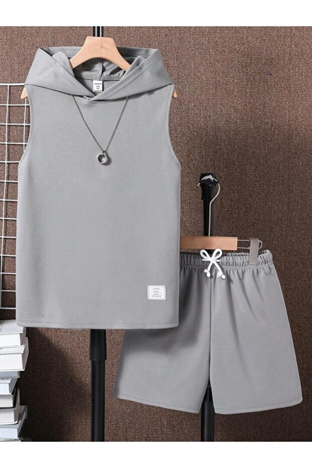 Unisex Plus Size Label Printed Sleeveless Hooded T-Shirt and Shorts Bottom Top Set