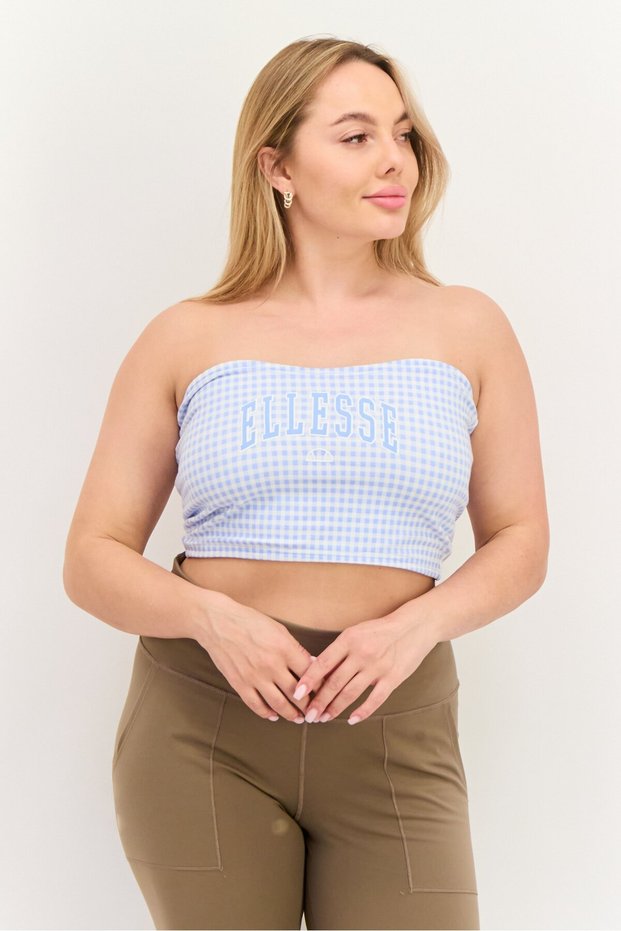 Women Straight Across Strapless Brand Logo Tube Top, Light Blue
