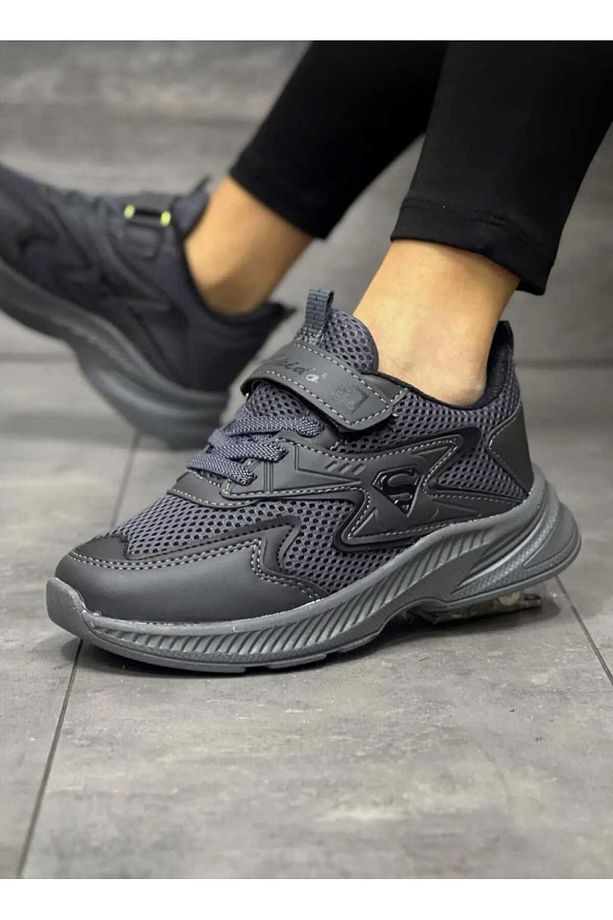 Çocuk Bağcıklı Füme Siyah Tek Cırtlı Esnek Hafif Nefes Alabilen Unisex File Sneaker Spor Ayakkabı - 1