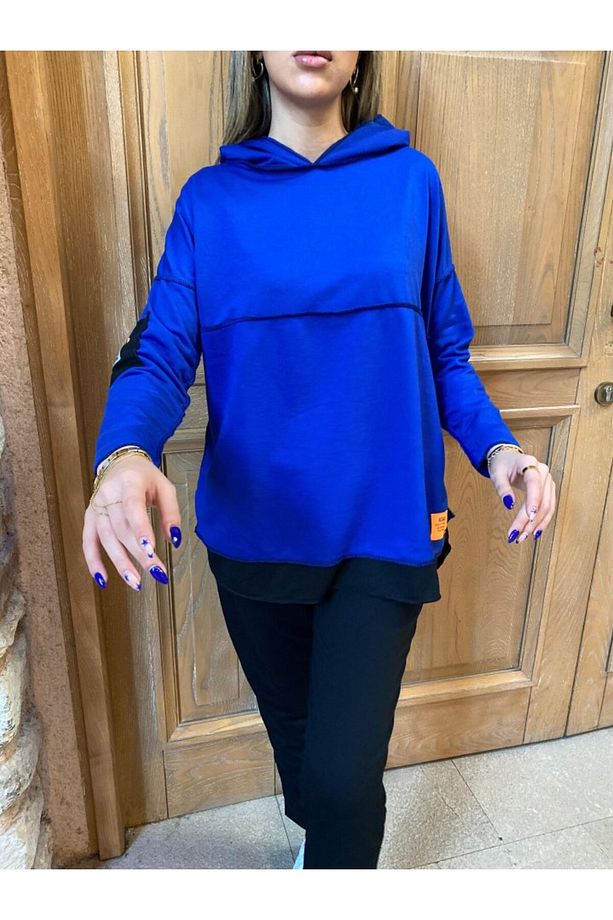 Kadın Mavi Kapüşonlu Garnili İki İplik Konfor Modeli Alt Üst İkili Eşofman Takımı Tunik Tesettür - 6