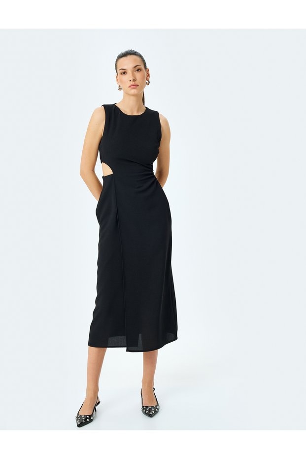 Draped Window Detail Round Neck Double Breasted Sleeveless Long Dress