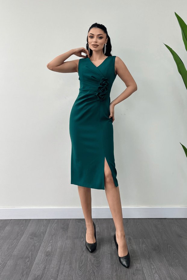 Atlas Fabric Rose Detailed Pencil Dress - Zemrute Green