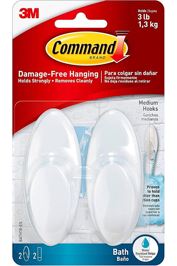 3M COMMAND™ BATH HOOK WITH WATER RESISTANT STRIPS MEDIUM BATH18 CLEAR FROSTED 2HK+3S/PK