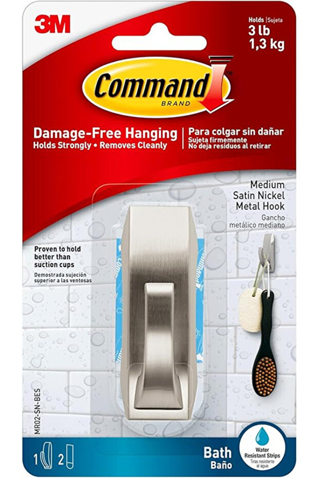 خطاف حمام 3M COMMAND™ MODERN REFLECTIONS من النيكل المصقول مع شرائط حمام متوسطة الحجم 1HK+2S/PK - 2