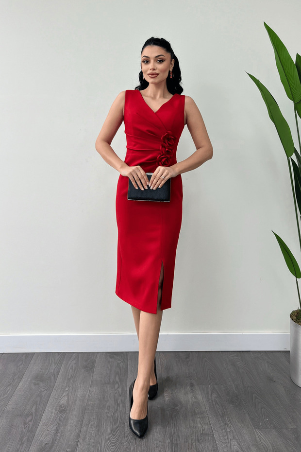 Atlas Fabric Rose Detailed Pencil Dress - Red