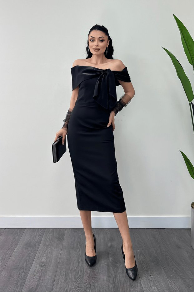 Atlas Fabric Collar Ribbon Detail Pencil Dress - Black