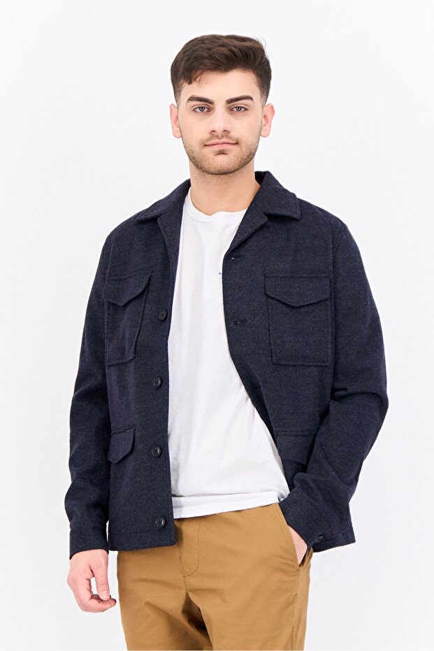 قميص رجالي سادة بأكمام طويلة، أزرق داكن - 1