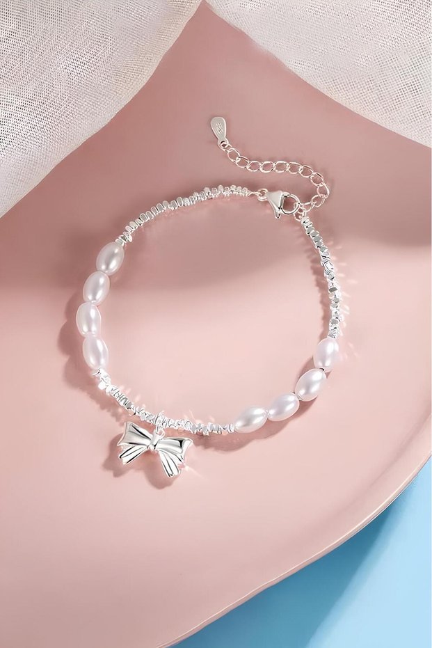 Princess Steel Bracelet with Bow Ribbon Pearl Stones