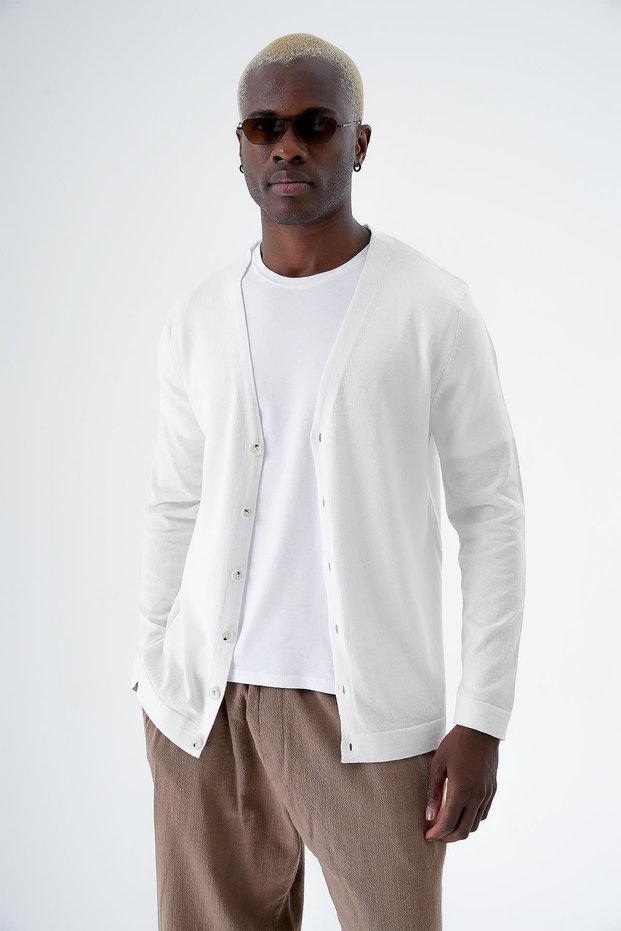 Men's Cotton Buttoned Standard Fit Casual Knitwear Cardigan White 24S277