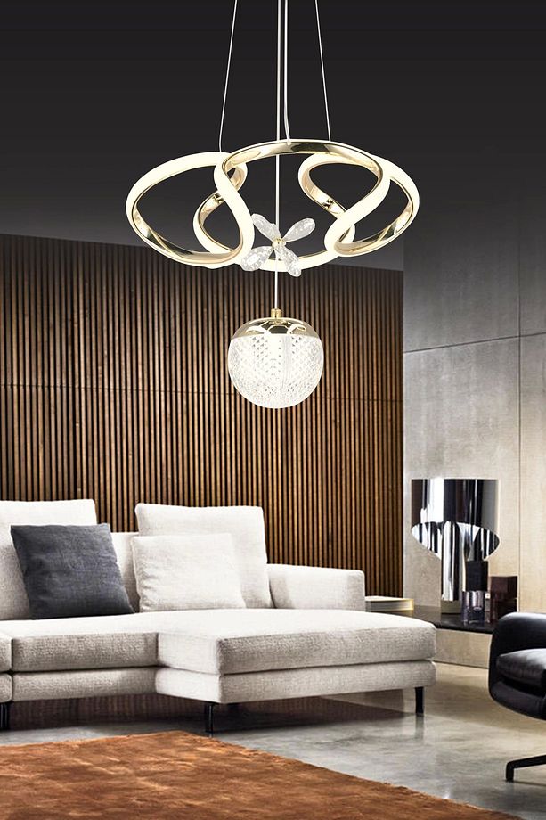 Modern Kıvrımlı Tek Toplu Üç Renkli Gold Sarkıt Taşlı Ledli Otuma Odası Avize ve Salon Sarkıt Avize - 1