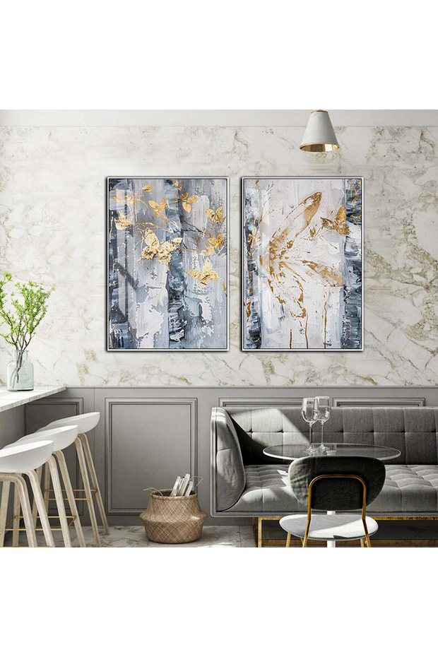 Hari̇kabi̇rev | Gray-Gold Abstract Tree Butterfly Combination Ii | Tempered Frame Glass Table 2 Pieces Vertical