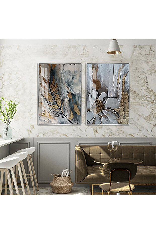 Hari̇kabi̇rev | Gold-Grey Abstract Patterned Flower Combination 01 | Tempered Frame Glass Table 2 Pieces Vertical