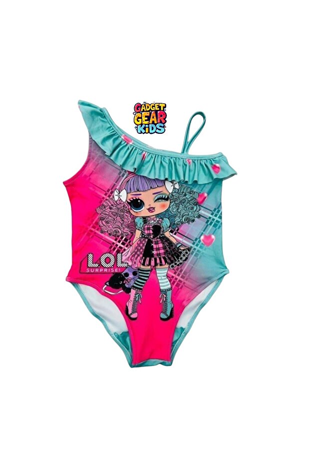Girl's Swimsuit Single Shoulder Strap Print Detail Ruffle