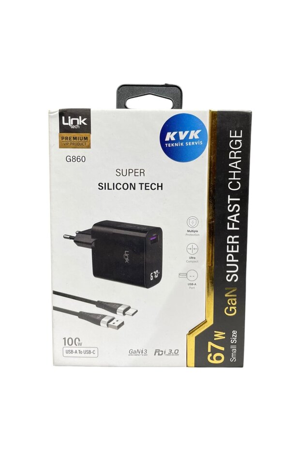 Link Tech G860 Premium USB-A'dan Tip-C'ye Kablolu 67W Süper SI GaN Adaptörü - 1