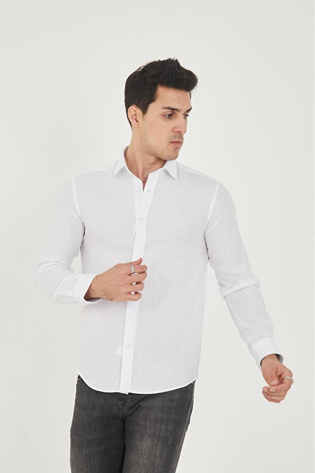 White-Slim Fit Cotton Linen Texture Men's Shirt