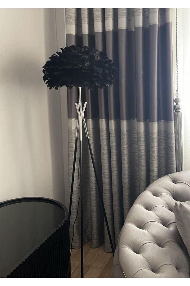Gerçek Kuş Tüyü Tripod Lambader Gümüş Siyah - 1