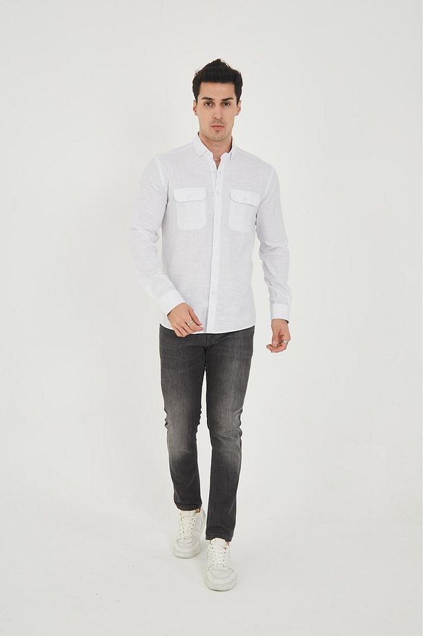 Çift Cep Kapaklı Likra Pamuk Keten Doku Slim Fit Erkek Gömlek - 7