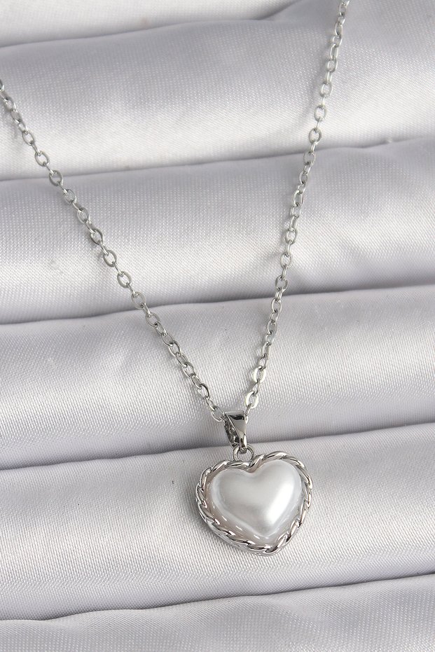 316L Steel Silver Color Chain 3D Pearl Heart Model Women's Necklace Tj-Bko9712