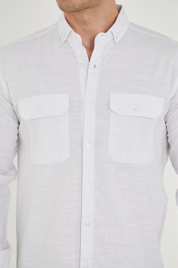 Çift Cep Kapaklı Likra Pamuk Keten Doku Slim Fit Erkek Gömlek - 1