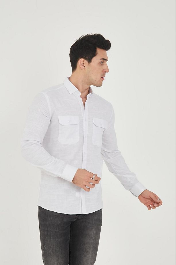 Çift Cep Kapaklı Likra Pamuk Keten Doku Slim Fit Erkek Gömlek - 5