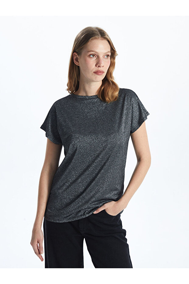 Black Stand Collar Shiny Look Women's T-Shirt