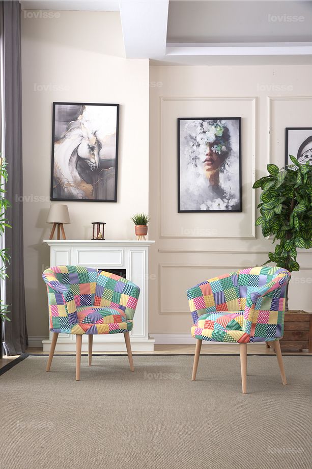 Patchwork Berjer Set - 2 Adet, Tekli Koltuk, Ofis, Balkon, Bekleme, Çay Seti - 4