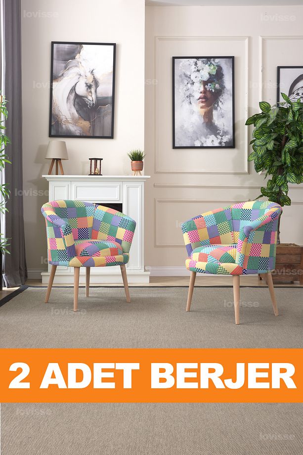 Patchwork Berjer Set - 2 Adet, Tekli Koltuk, Ofis, Balkon, Bekleme, Çay Seti - 1