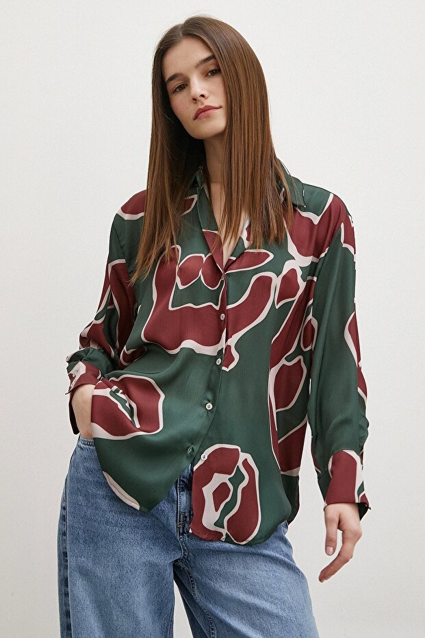 Baskılı Saten Gömlek Mor - 1