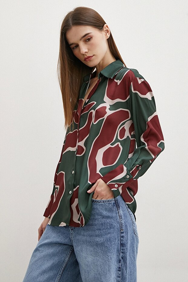 Baskılı Saten Gömlek Mor - 6