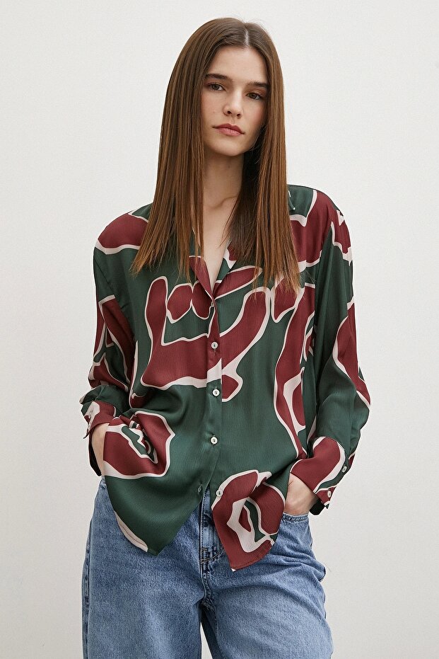 Baskılı Saten Gömlek Mor - 5