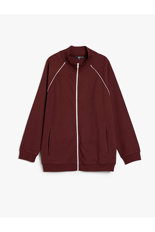 Long Sleeve Cotton Blended Pocket Detailed Ribbed Zipper Sweatshirt