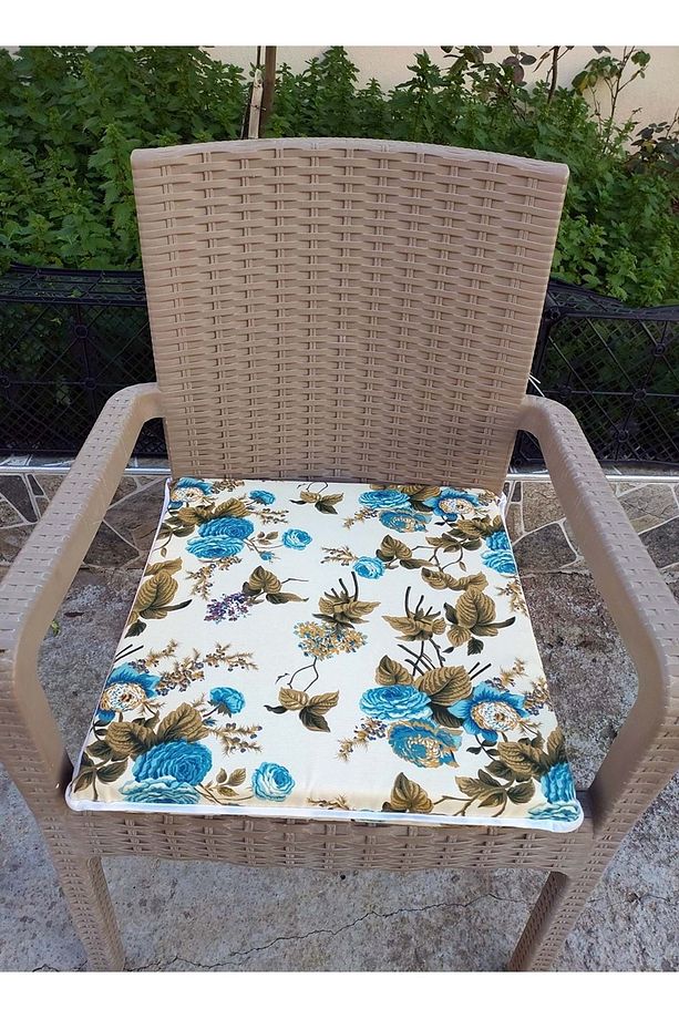 1 Adet Rattan Tek Alt Sandalye Minderi, Extra Kalın (Kalınlık 5cm)-İngiliz Gülü Mavi - 1